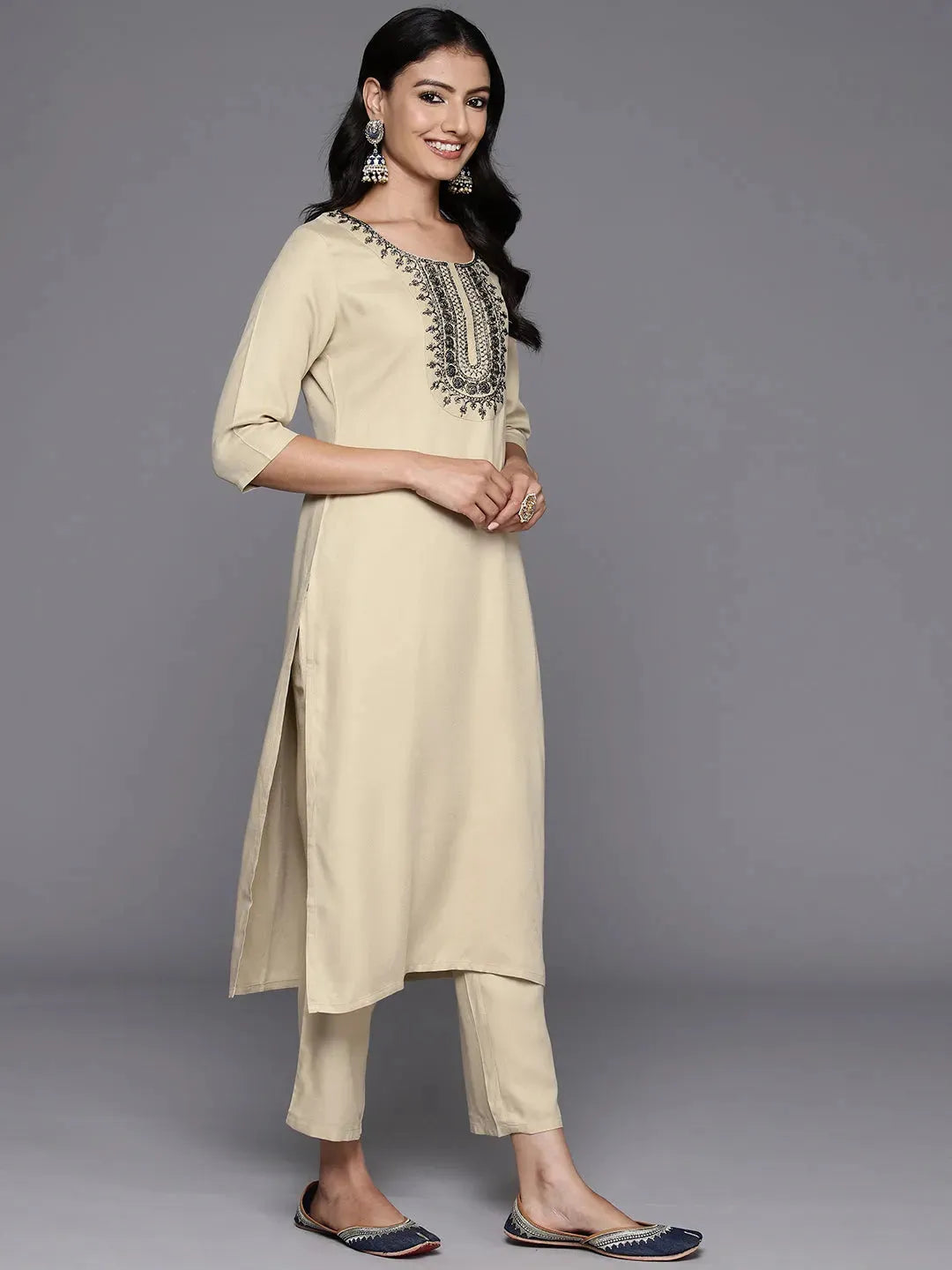  Beige Yoke Design Wool Blend Straight Kurta Set 