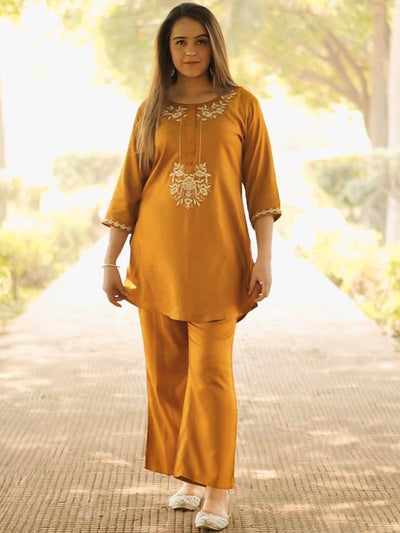 Mustard Embroidered Wool Blend Co-Ords - Libas