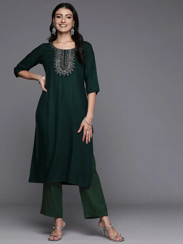 Libas Green Yoke Design Wool Blend Straight Kurta Set
