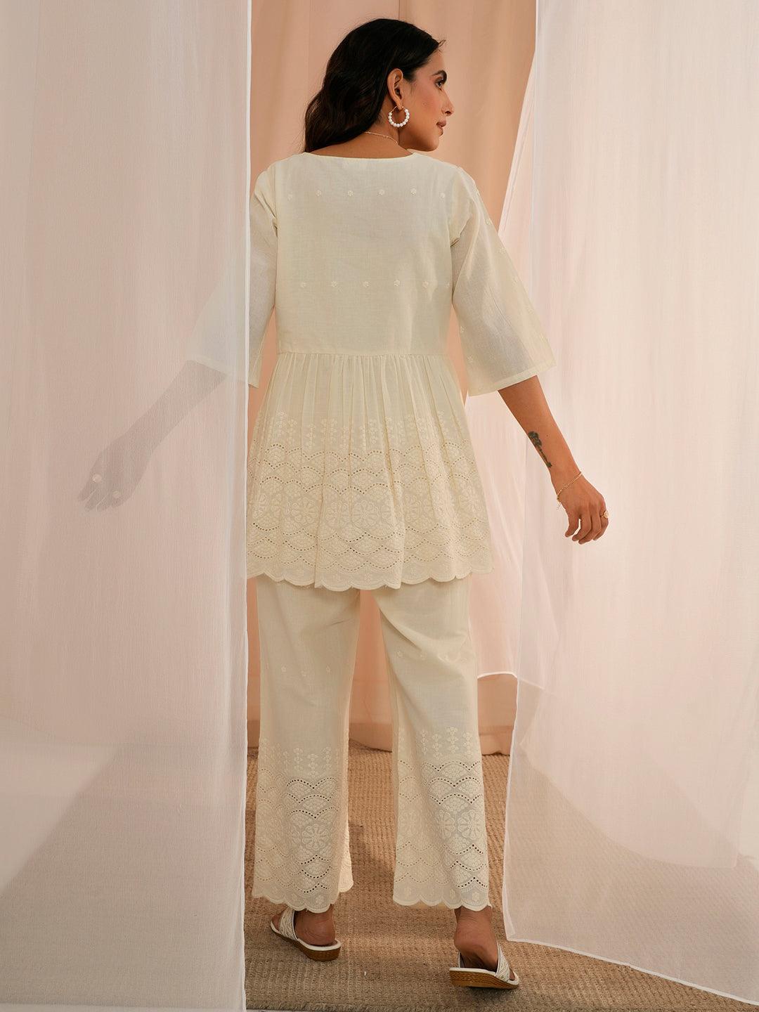Off White Self Design Cotton Tunic With Palazzos - Libas