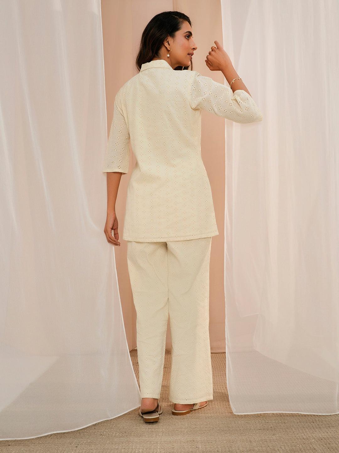 Off White Self Design Cotton Shirt With Palazzos - Libas