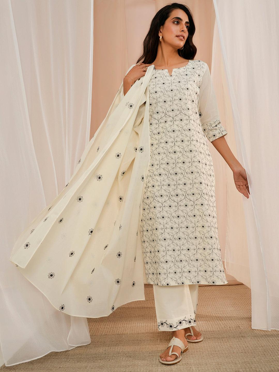 Plus Size Off White Embroidered Straight Kurta Trousers With Dupatta Set