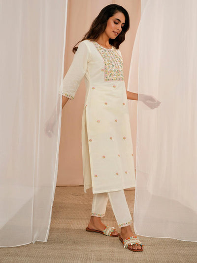 Off White Yoke Design Cotton Straight Suit With Dupatta - Libas