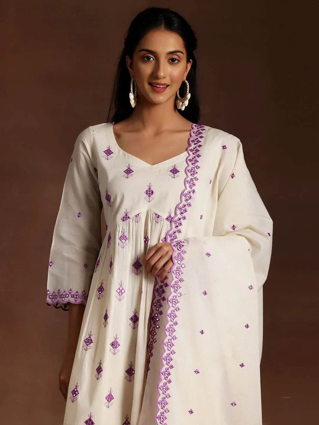  Off White Embroidered Cotton Anarkali Suit With Dupatta 