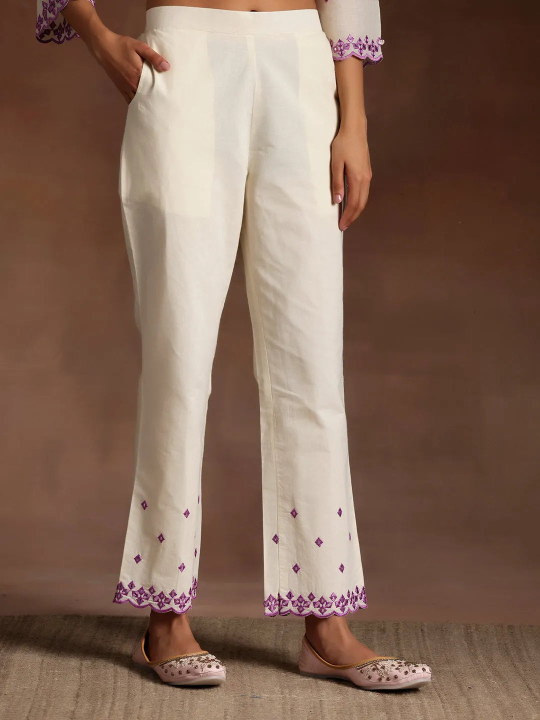  Off White Embroidered Cotton Anarkali Suit With Dupatta 