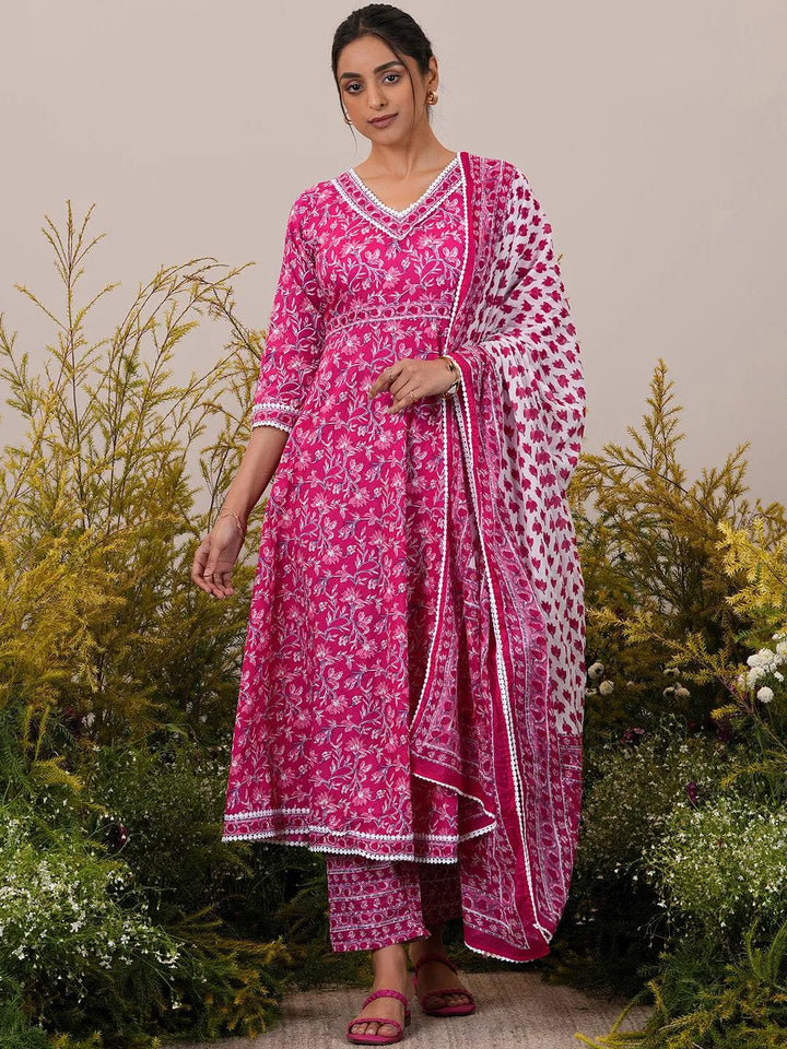 Pink Printed Cotton A-Line Kurta With Trousers & Dupatta - Libas