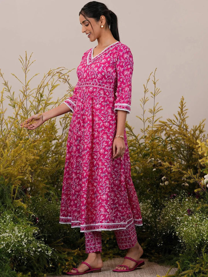 Pink Printed Cotton A-Line Kurta With Trousers & Dupatta - Libas