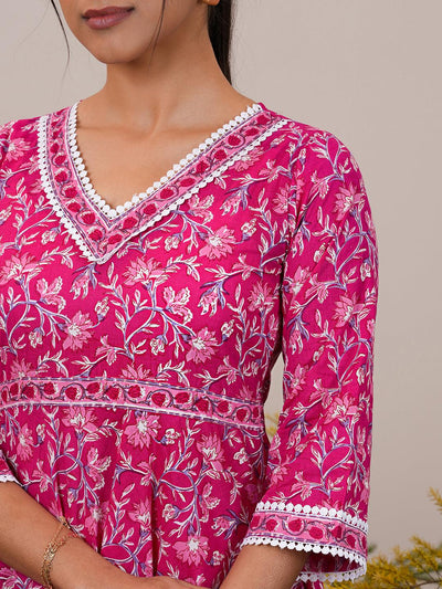Pink Printed Cotton A-Line Kurta With Trousers & Dupatta - Libas