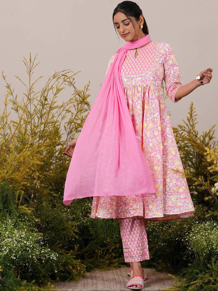 Pink Yoke Design Cotton Anarkali Suit With Dupatta - Libas
