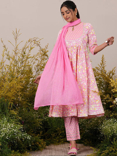 Pink Yoke Design Cotton Anarkali Suit With Dupatta - Libas