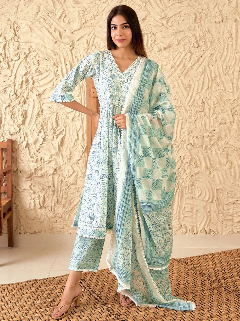 Libas White Printed Cotton A-Line Kurta With Trousers & Dupatta