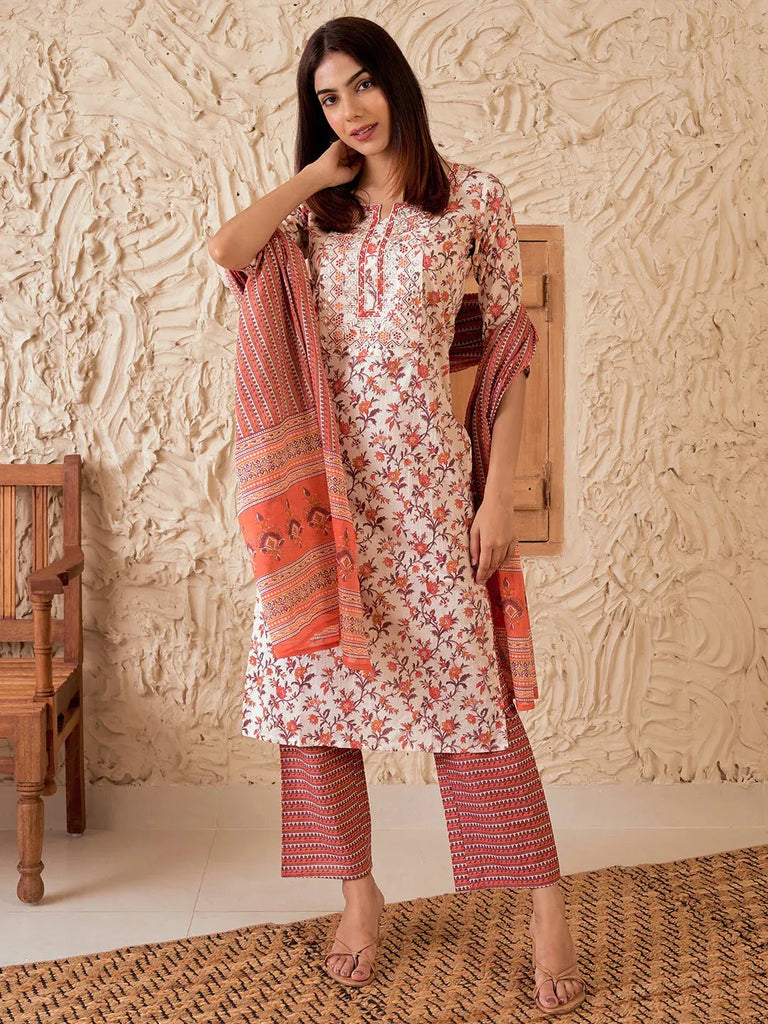 Libas Rust Printed Cotton Straight Suit With Dupatta