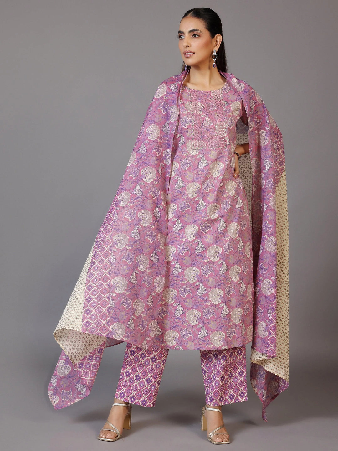 Mauve Printed Cotton Straight Suit With Dupatta - Libas