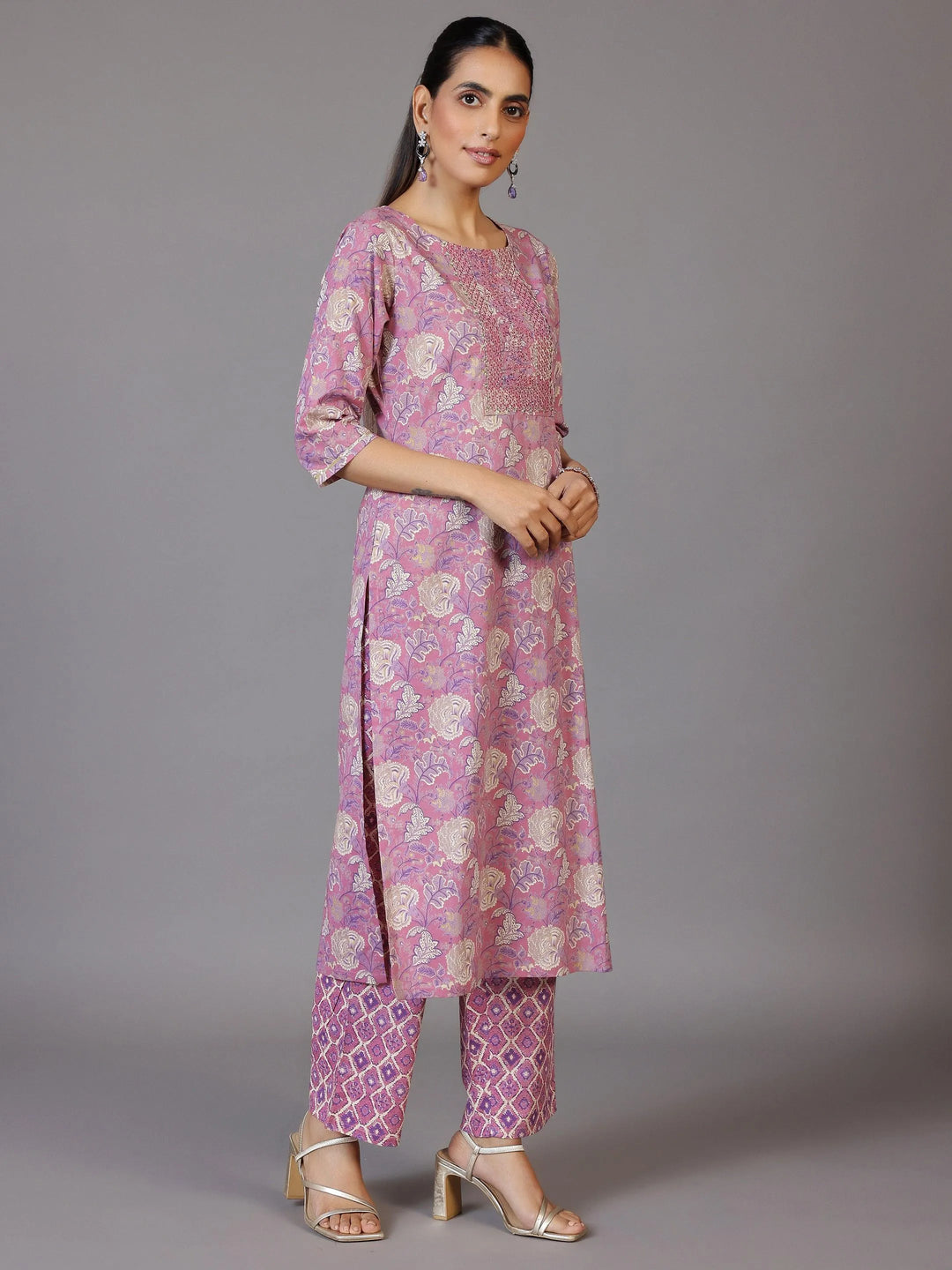 Mauve Printed Cotton Straight Suit With Dupatta - Libas