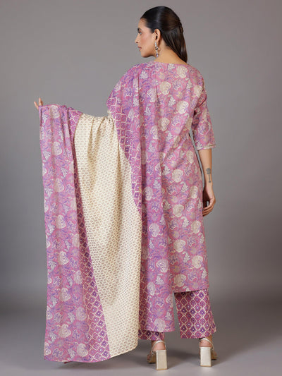 Mauve Printed Cotton Straight Suit With Dupatta - Libas