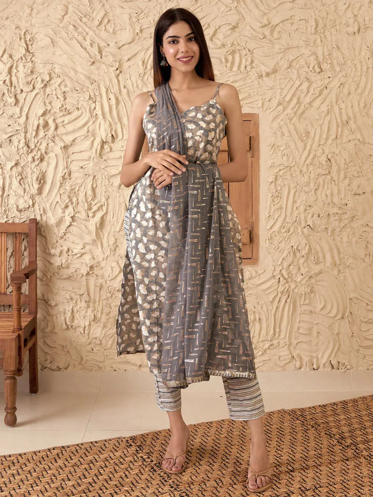 Libas Grey Printed Cotton Straight Suit With Dupatta