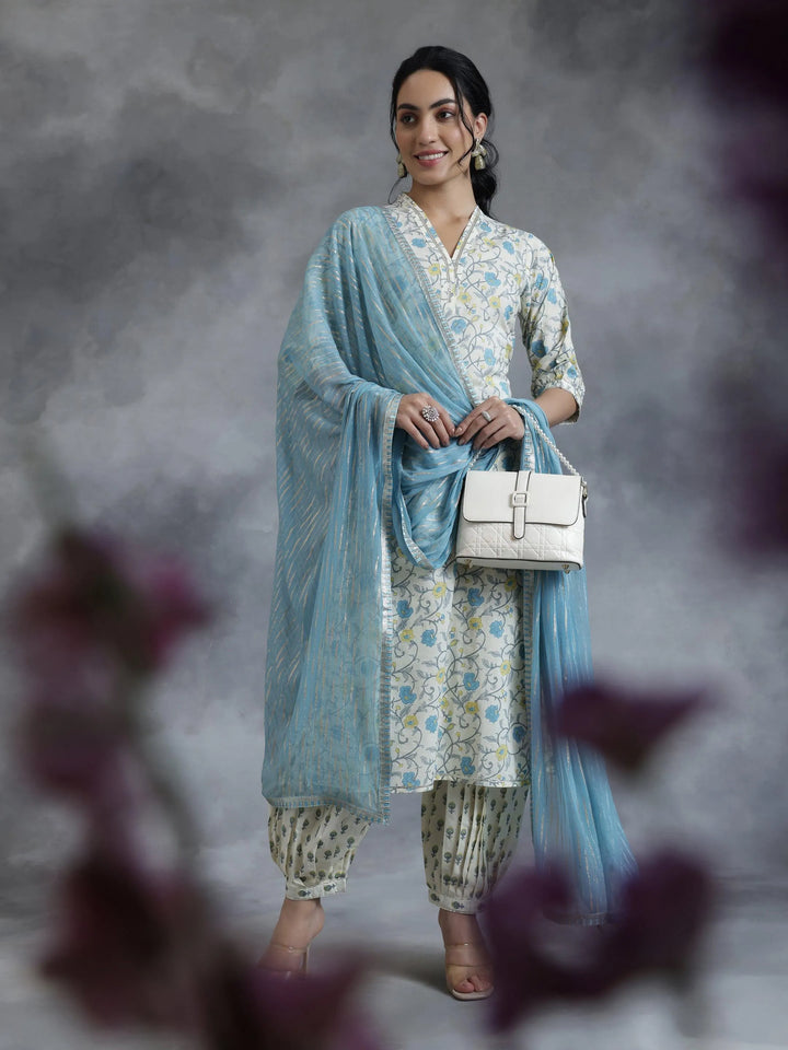 Off White Printed Cotton Straight Suit With Dupatta - Libas