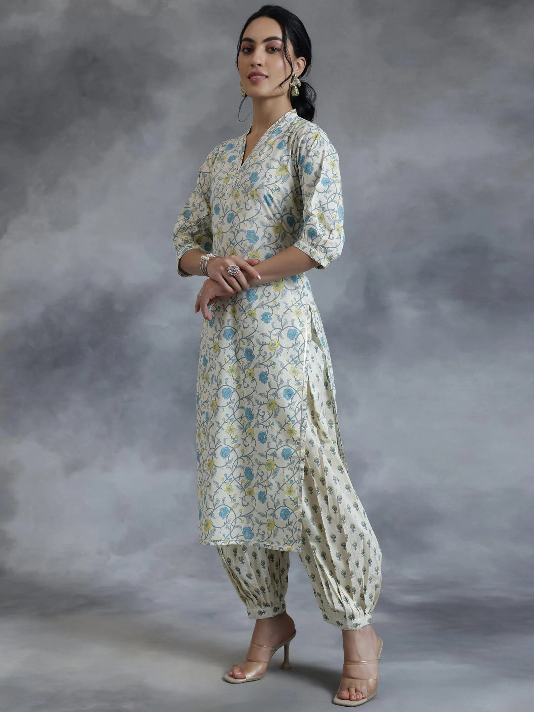 Off White Printed Cotton Straight Suit With Dupatta - Libas 