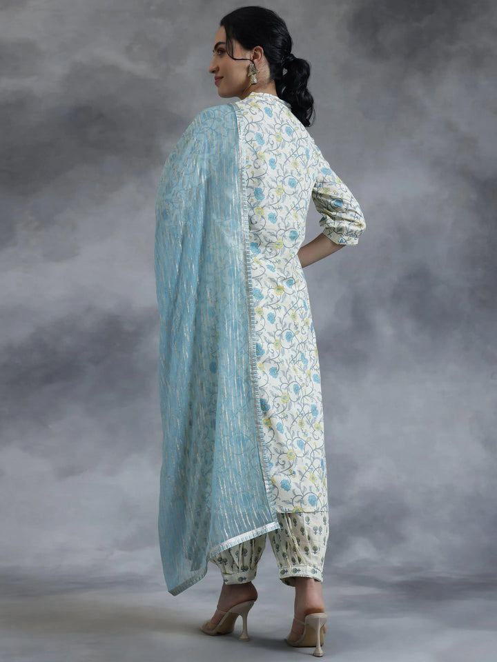 Off White Printed Cotton Straight Suit With Dupatta - Libas