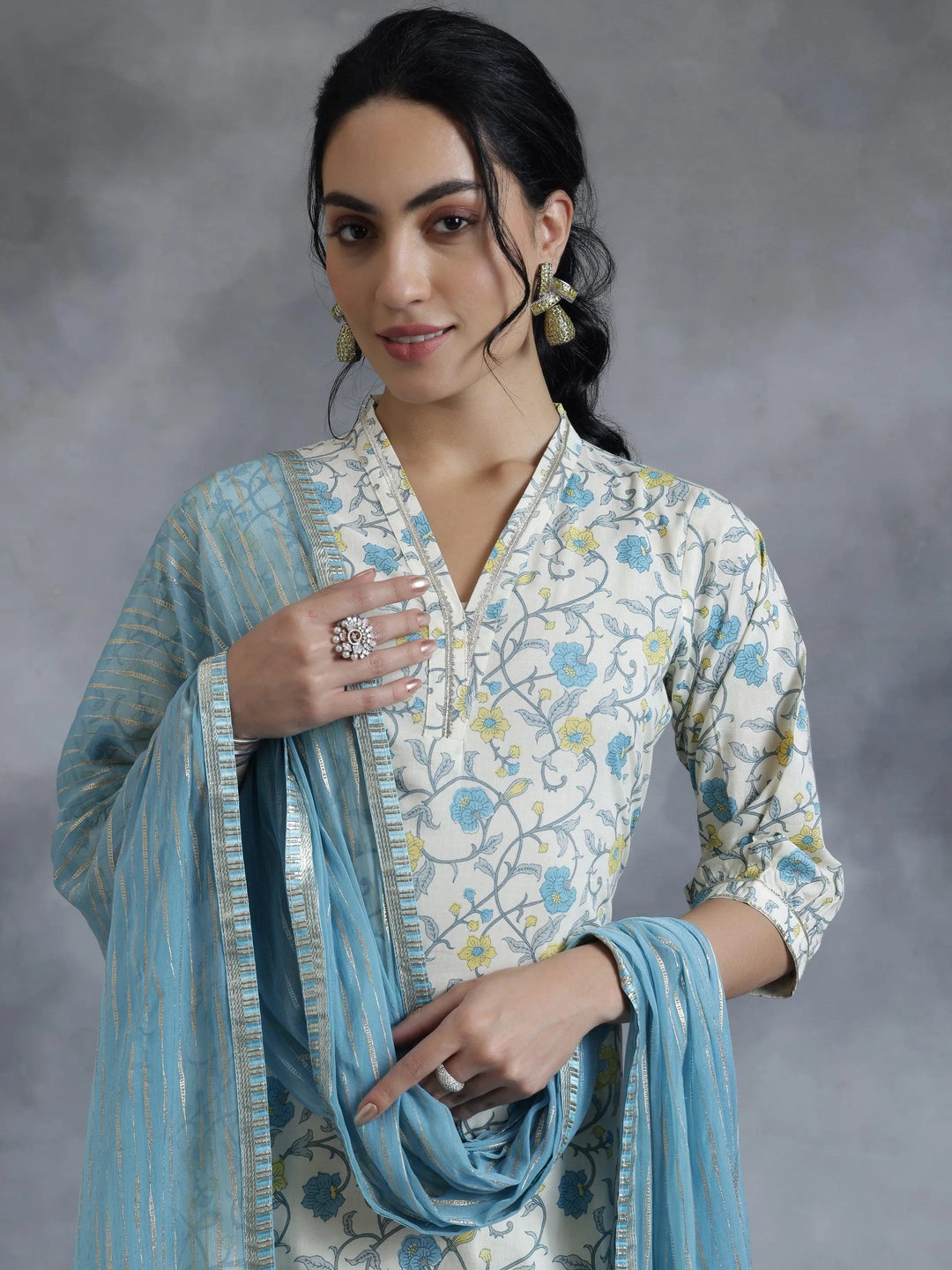 Off White Printed Cotton Straight Suit With Dupatta - Libas 