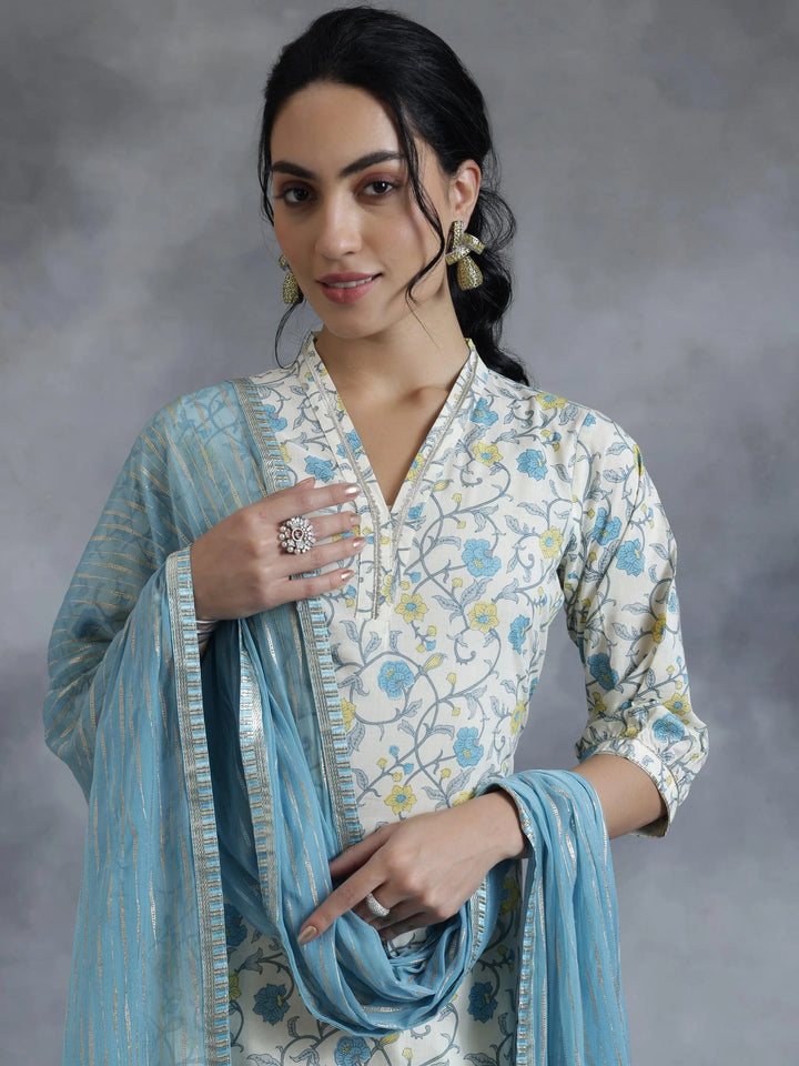 Off White Printed Cotton Straight Suit With Dupatta - Libas