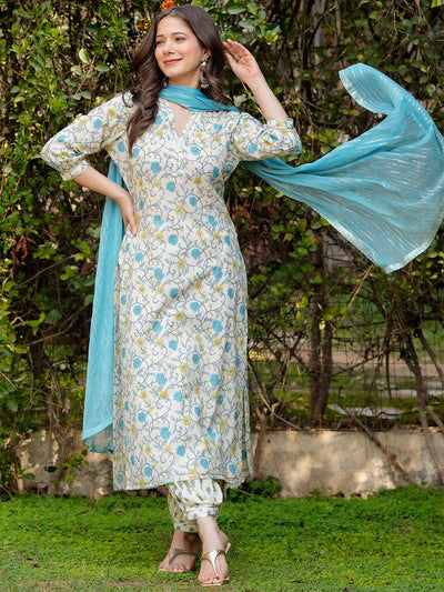 Off White Printed Cotton Straight Suit With Dupatta - Libas