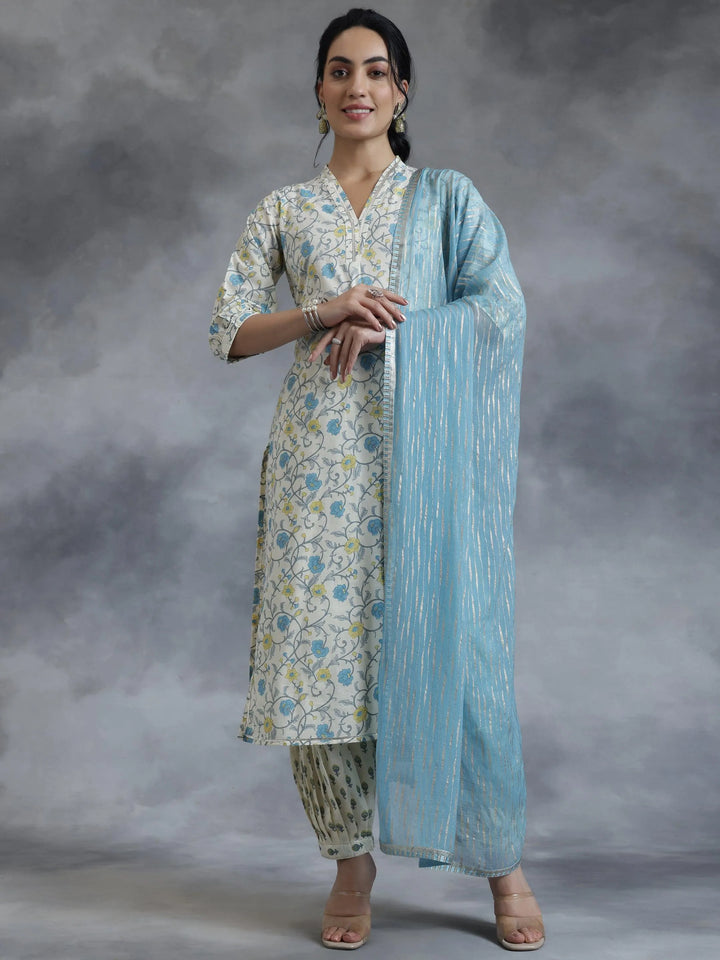 Off White Printed Cotton Straight Suit With Dupatta - Libas