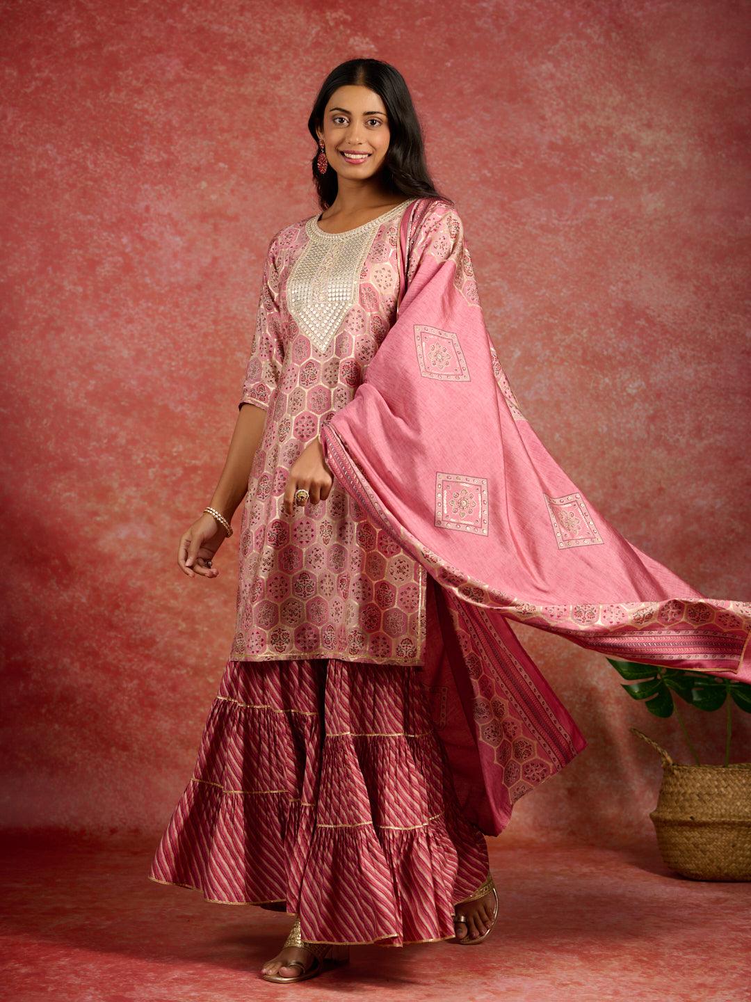 Pink Yoke Design Silk Blend Straight Suit With Dupatta