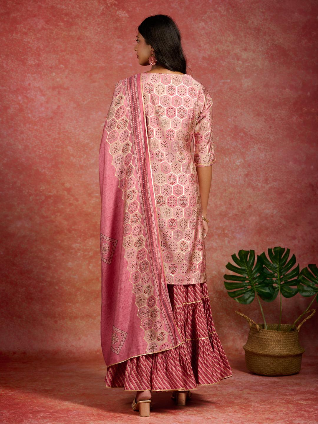 Pink Yoke Design Silk Blend Straight Suit With Dupatta