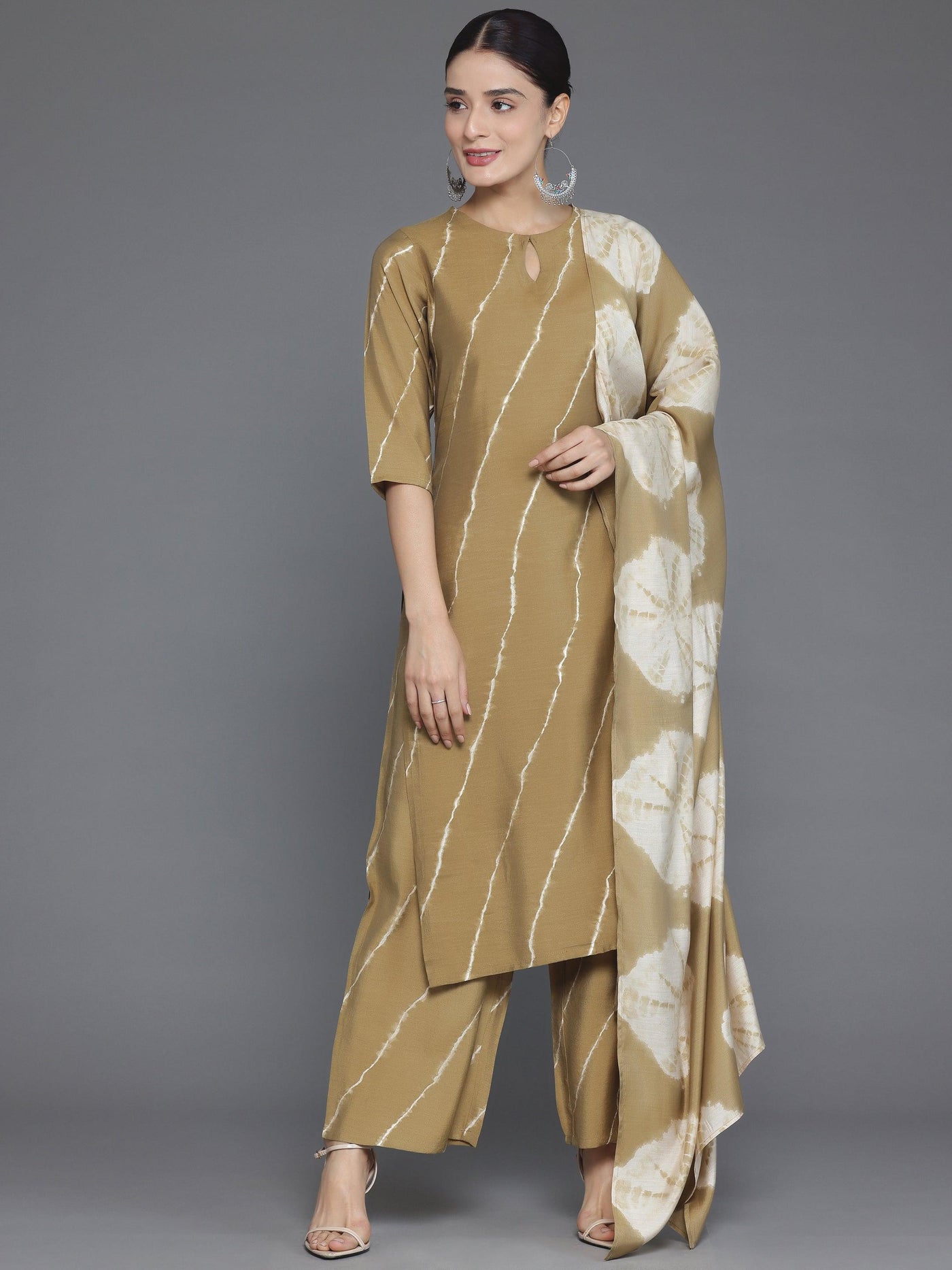 Olive Printed Silk Blend Straight Suit With Dupatta - Libas