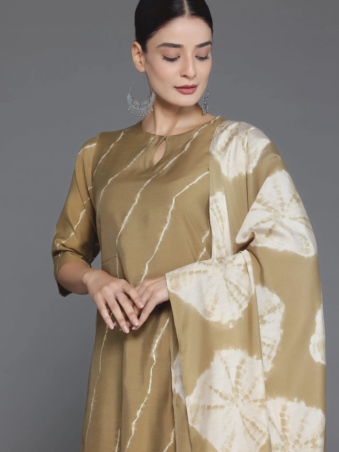 Olive Printed Silk Blend Straight Suit With Dupatta - Libas