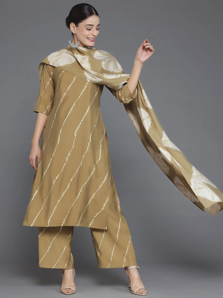 Libas Olive Printed Silk Blend Straight Suit With Dupatta