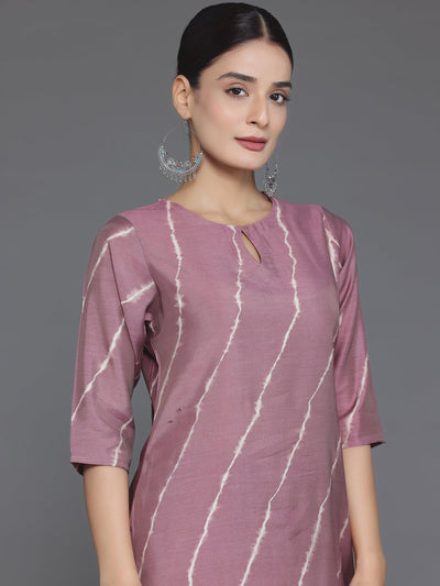 Mauve Printed Silk Blend Straight Suit With Dupatta - Libas