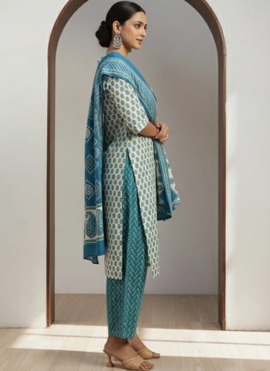  Beige Printed Silk Blend Straight Suit With Dupatta 