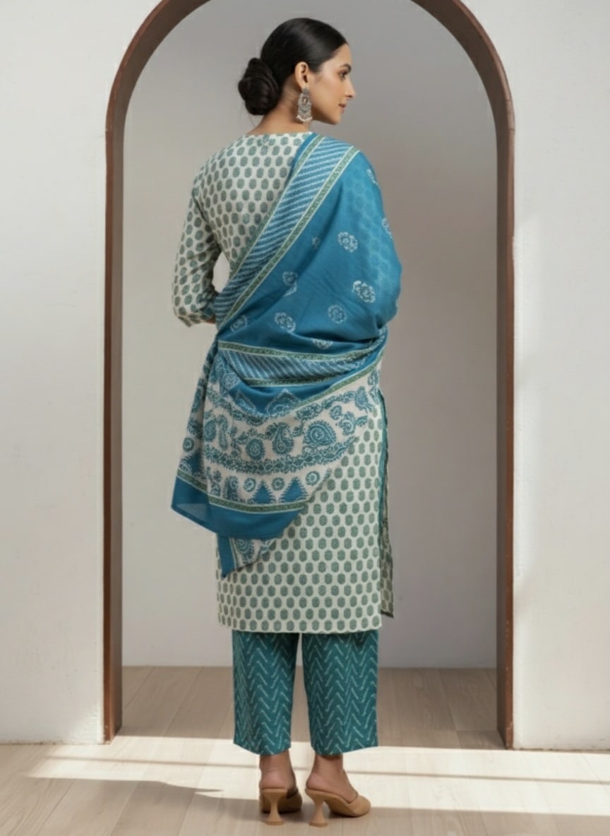  Beige Printed Silk Blend Straight Suit With Dupatta 