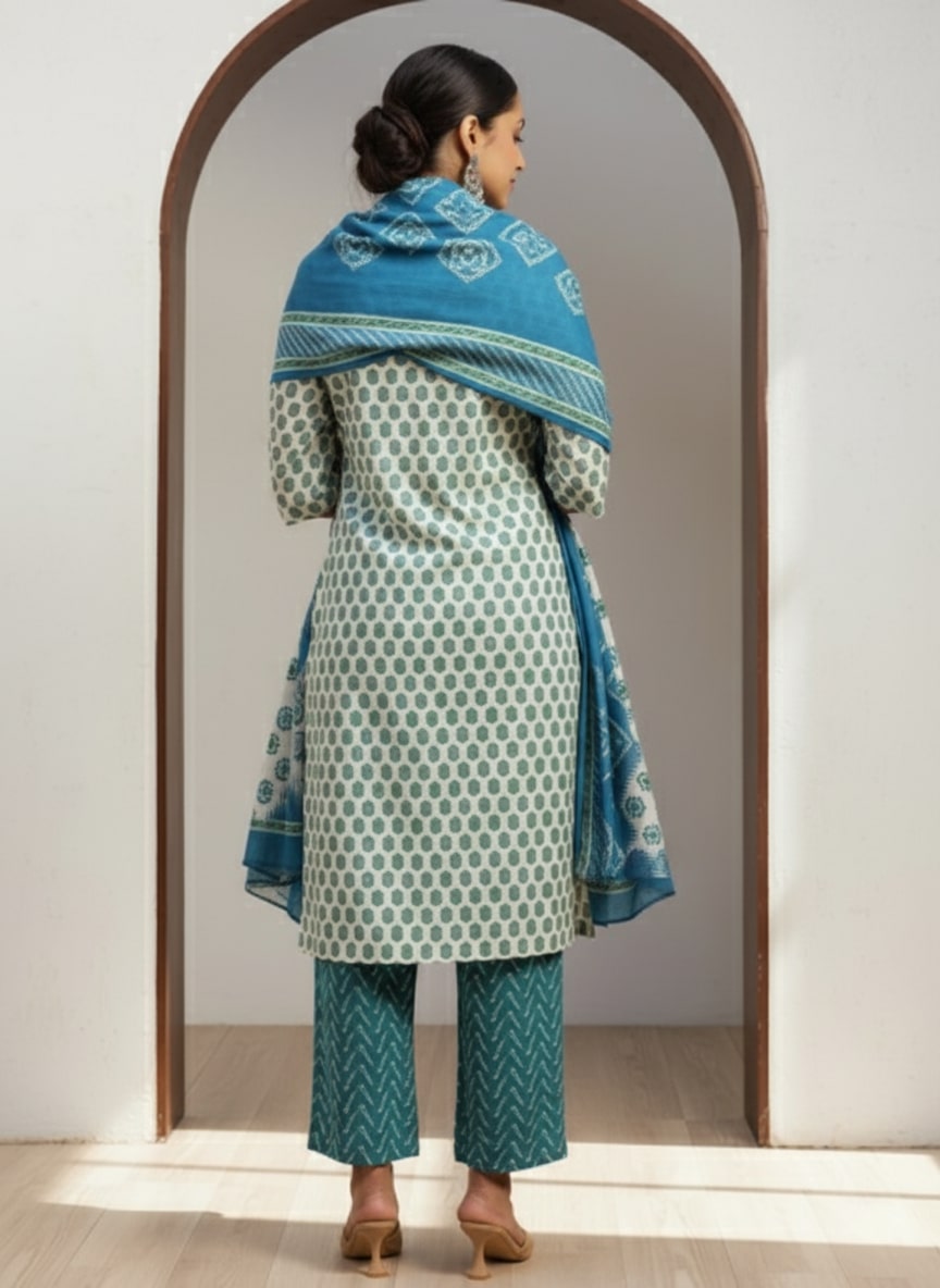  Beige Printed Silk Blend Straight Suit With Dupatta 