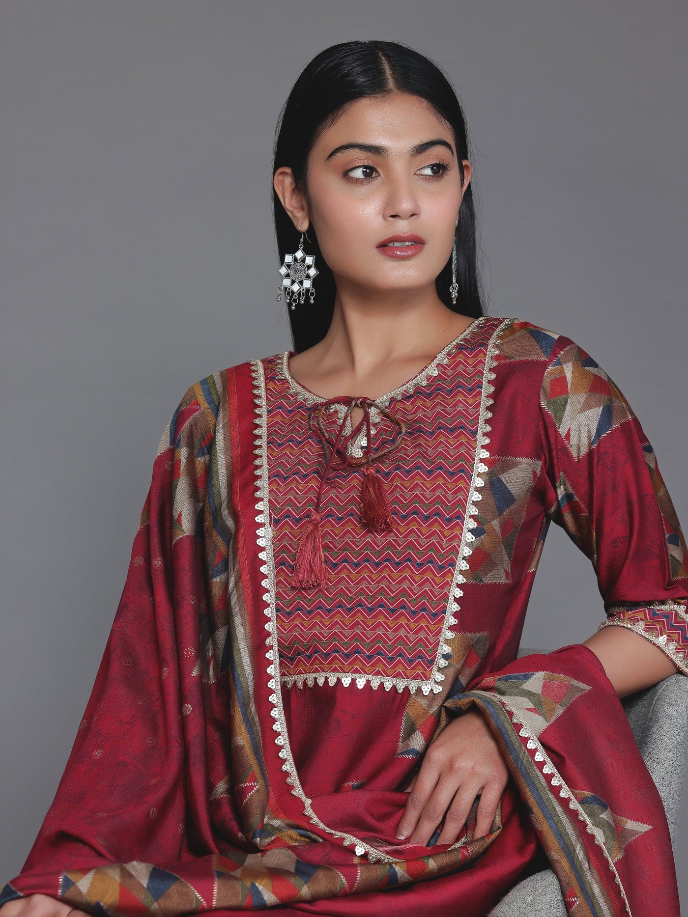 Maroon Printed Silk Blend Straight Suit With Dupatta - Libas