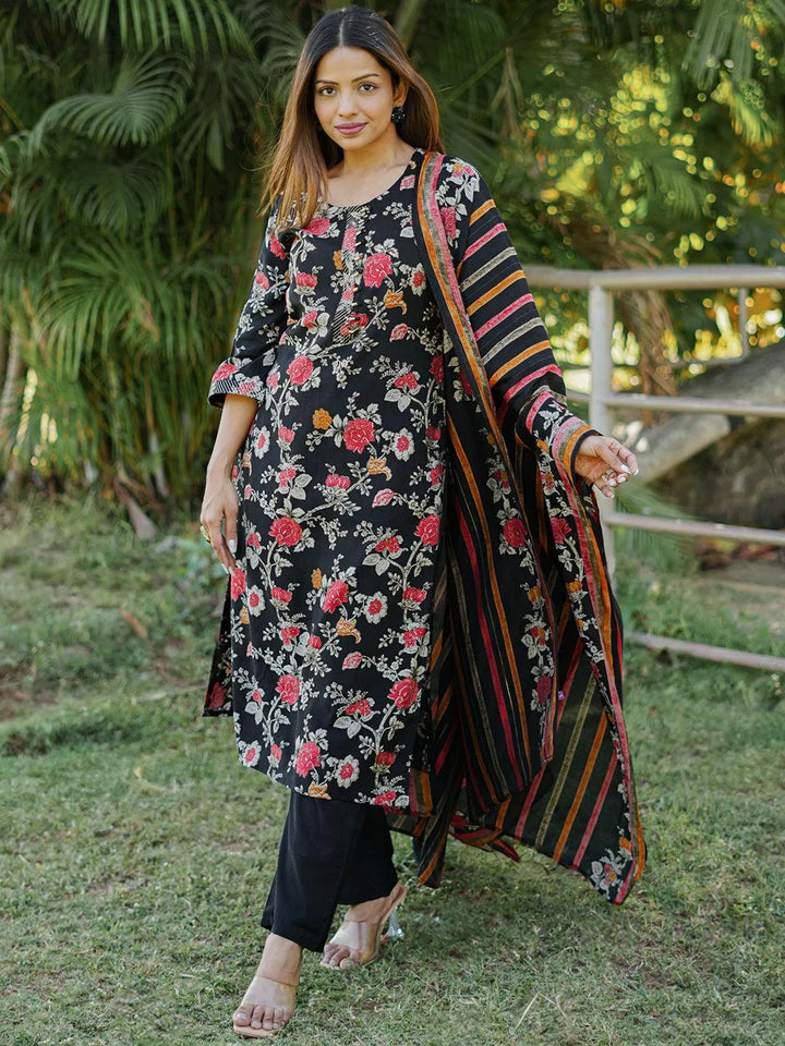 Black Printed Silk Blend Straight Suit With Dupatta - Libas