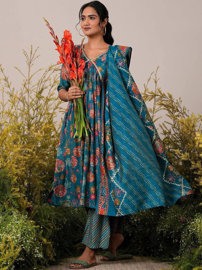 Libas Blue Printed Silk Blend A-Line Kurta With Palazzos & Dupatta