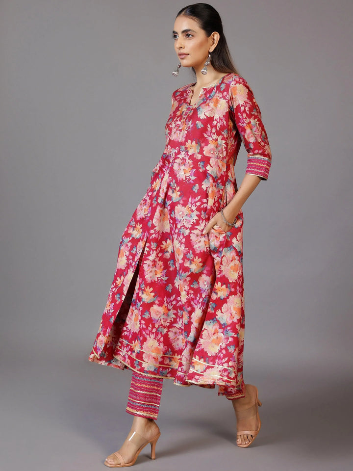 Pink Printed Silk Blend Anarkali Suit With Dupatta - Libas