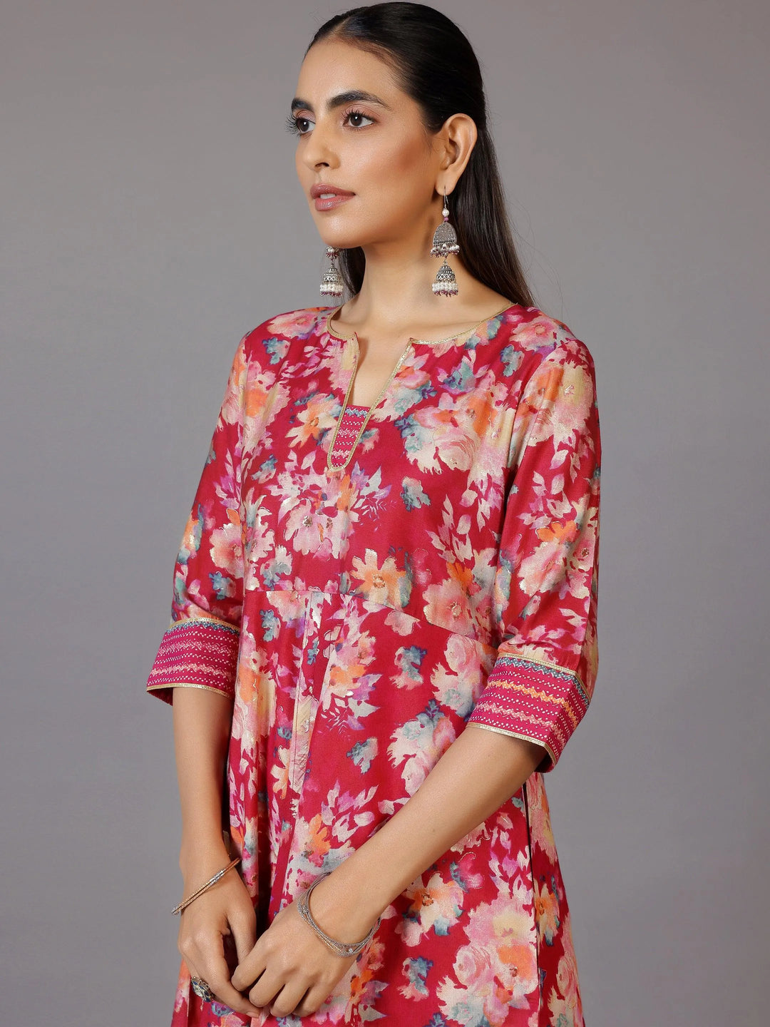 Pink Printed Silk Blend Anarkali Suit With Dupatta - Libas 