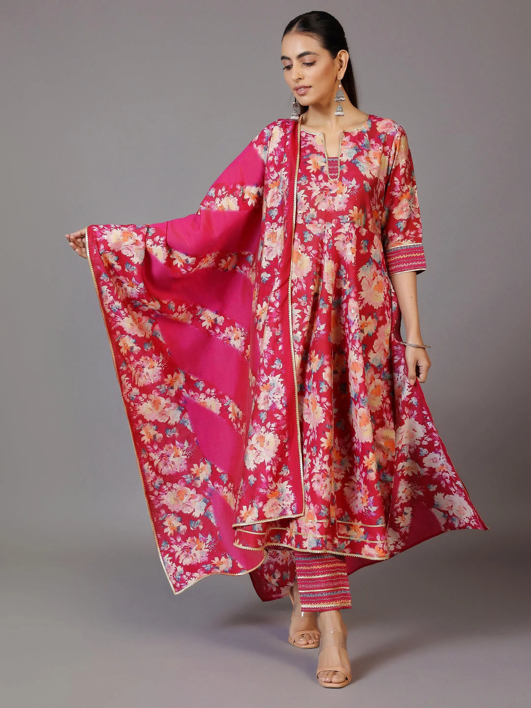 Pink Printed Silk Blend Anarkali Suit With Dupatta - Libas