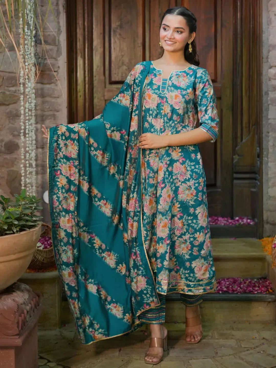  Blue Printed Silk Blend Anarkali Suit With Dupatta 