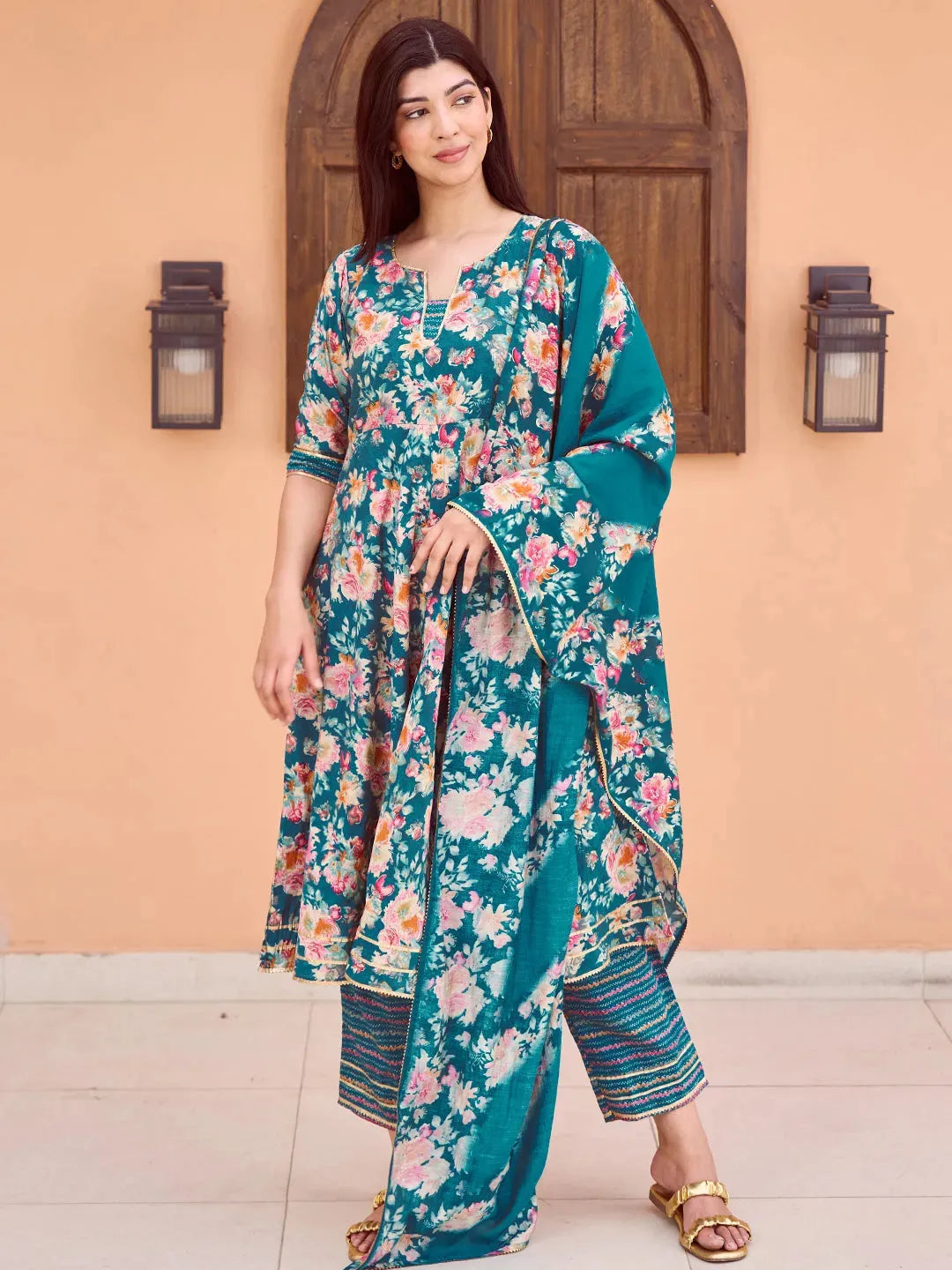  Blue Printed Silk Blend Anarkali Suit With Dupatta 