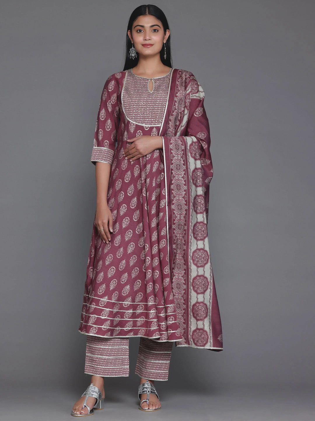 Mauve Printed Silk Blend Anarkali Suit With Dupatta - Libas 