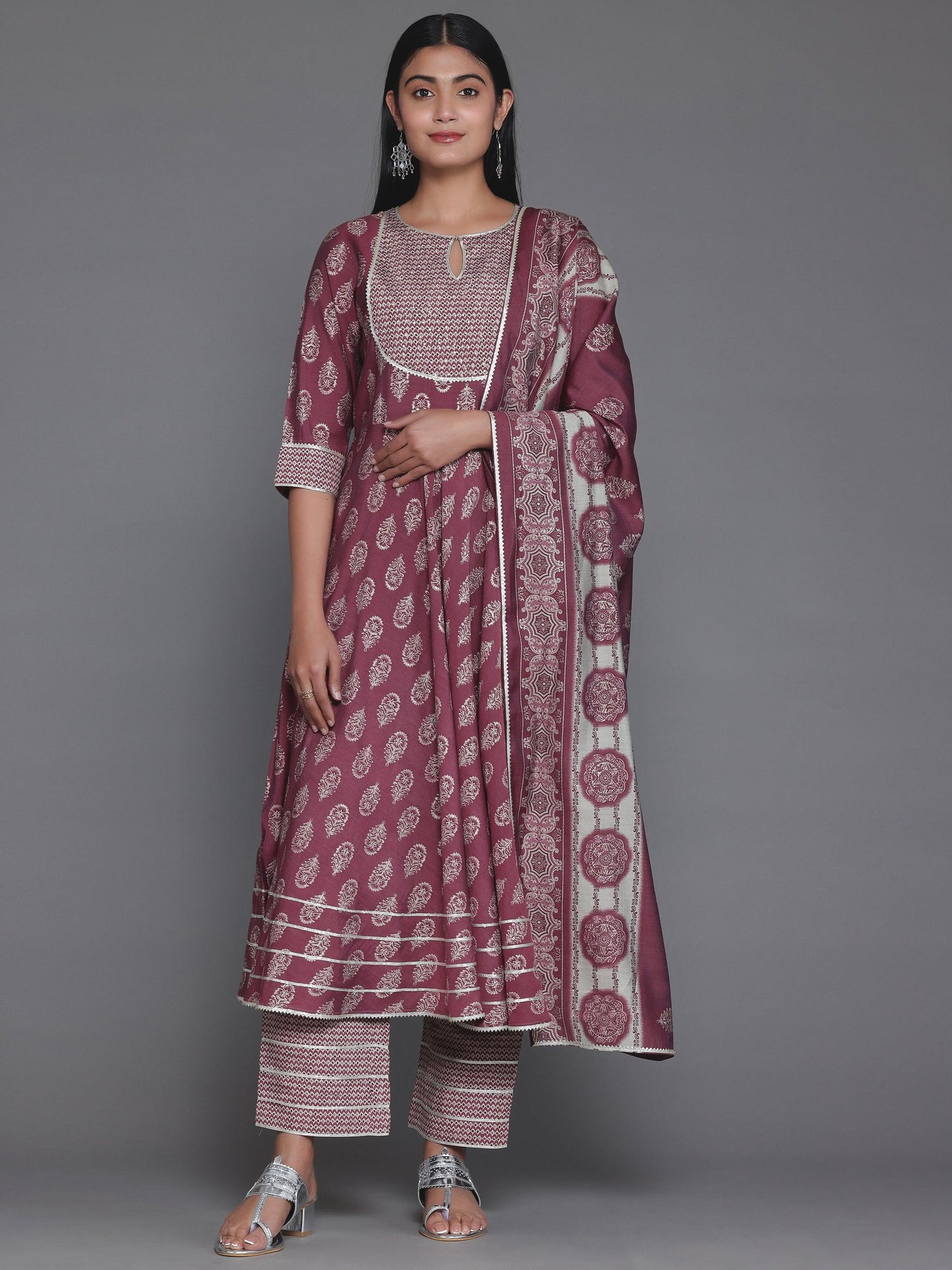 Mauve Printed Silk Blend Anarkali Suit With Dupatta - Libas
