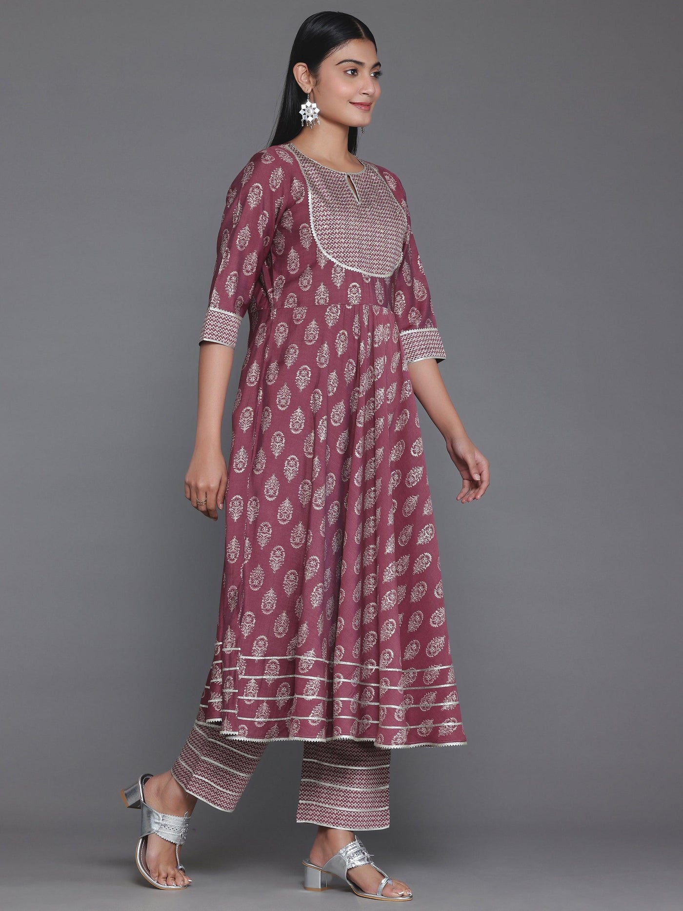 Mauve Printed Silk Blend Anarkali Suit With Dupatta - Libas