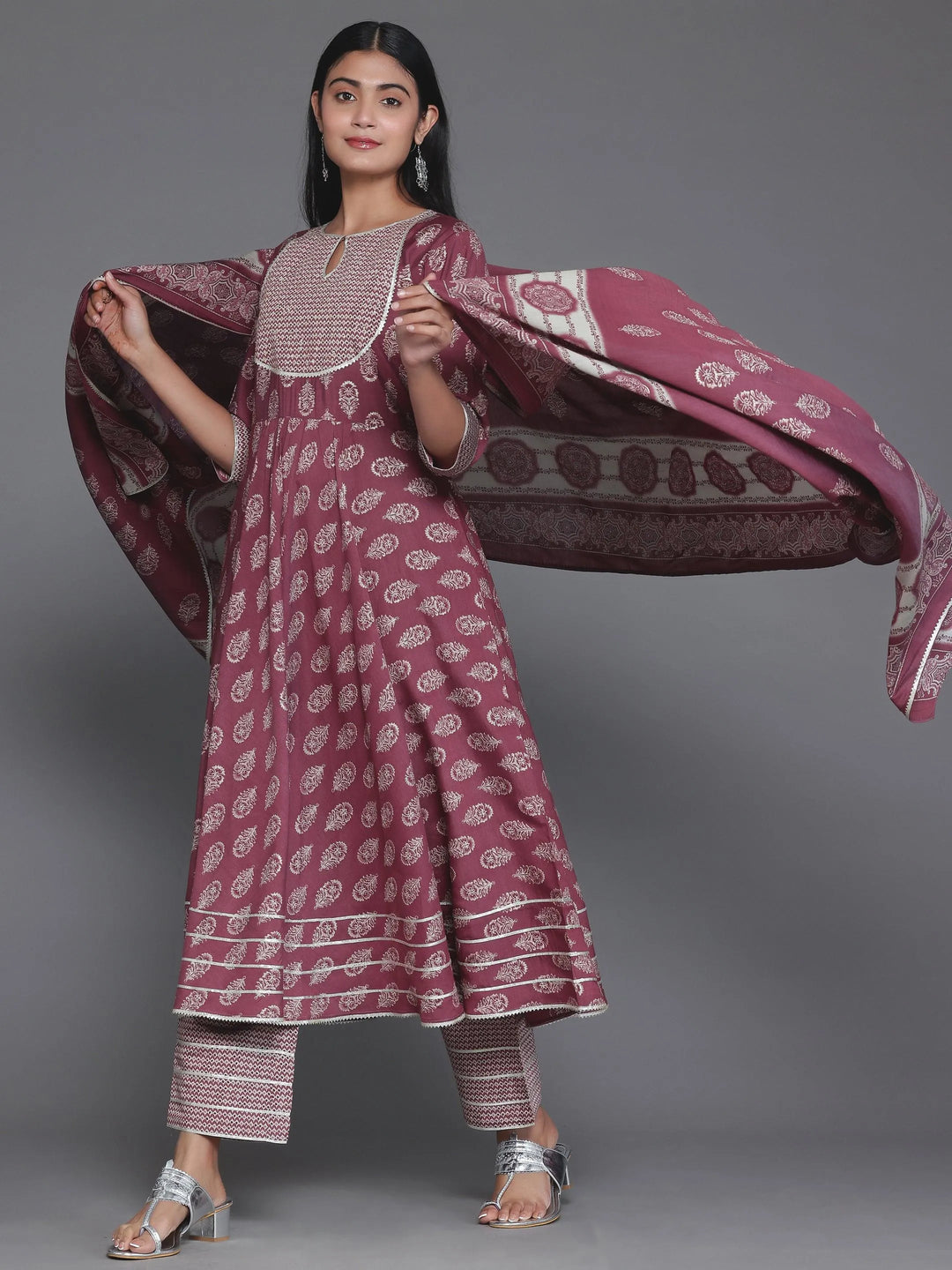 Mauve Printed Silk Blend Anarkali Suit With Dupatta - Libas