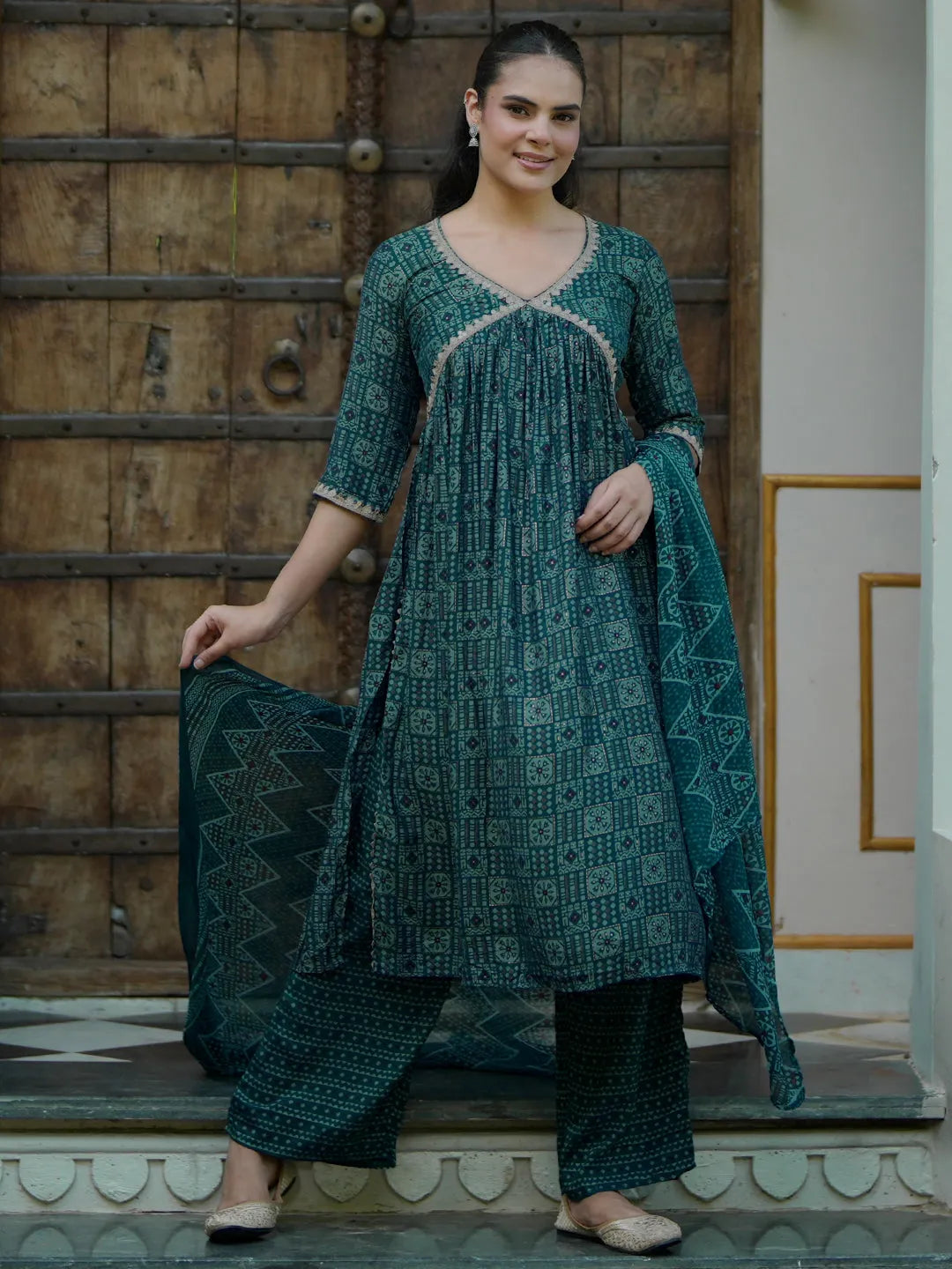 libas Blue Printed Silk Blend A-Line Kurta With Palazzos & Dupatta-picture-22