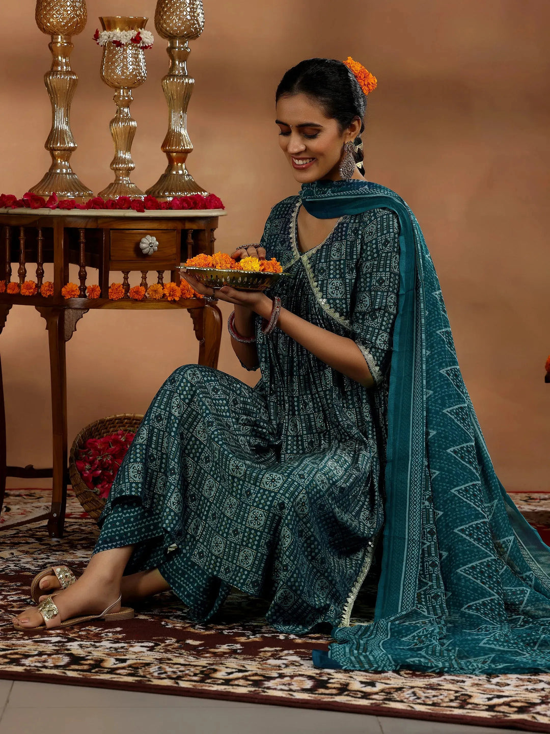  Blue Printed Silk Blend A-Line Kurta With Palazzos & Dupatta 
